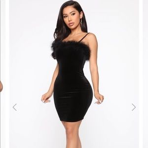 Velvet Black Mini Dress with Fur Trim